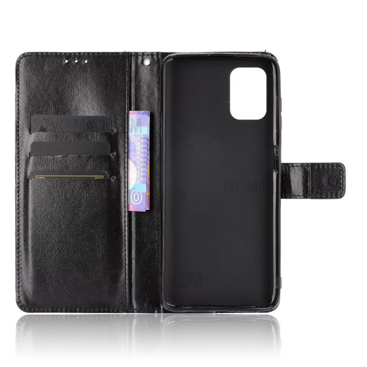 Wallet Stand Design Crazy Horse Skin Leather Phone Cover Shell with Lanyard for Motorola Moto G Stylus 4G (2021) - Black