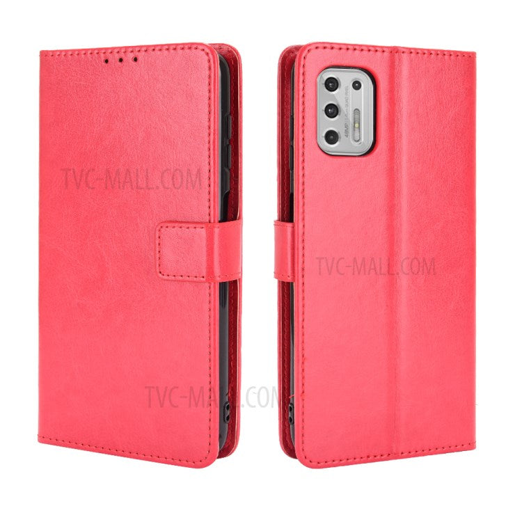 Wallet Stand Design Crazy Horse Skin Leather Phone Cover Shell with Lanyard for Motorola Moto G Stylus 4G (2021) - Red