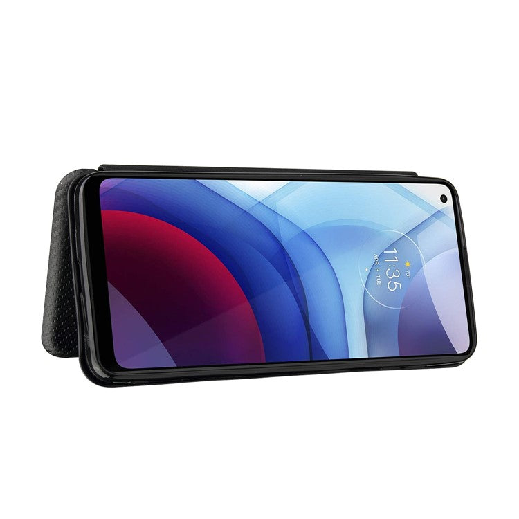 Auto-absorbed Stand Carbon Fiber Texture Leather Shell Cover for Motorola Moto G Power (2021) - Black