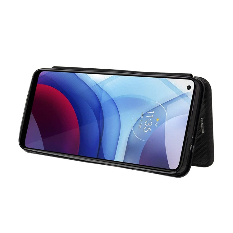 Auto-absorbed Stand Carbon Fiber Texture Leather Shell Cover for Motorola Moto G Power (2021) - Black