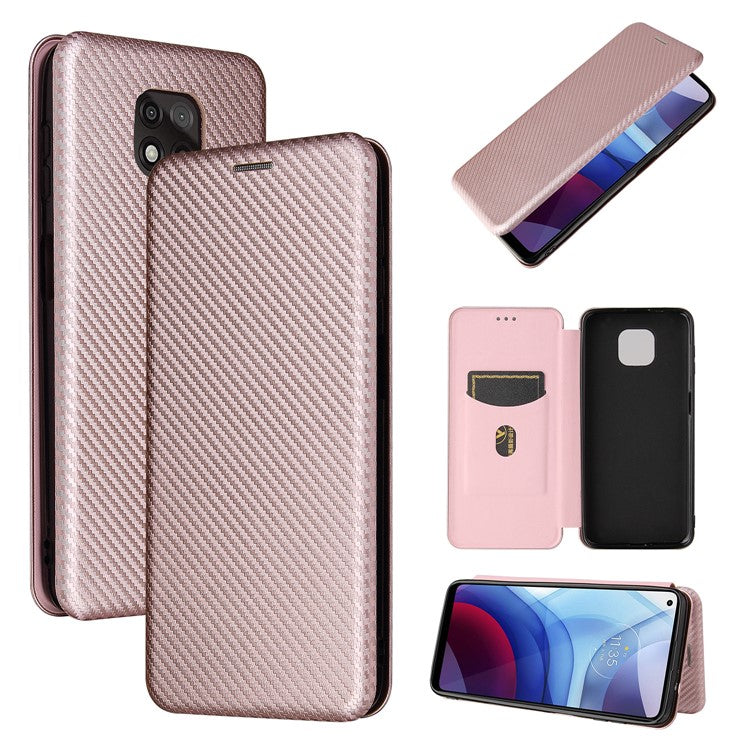 Auto-absorbed Stand Carbon Fiber Texture Leather Shell Cover for Motorola Moto G Power (2021) - Rose Gold