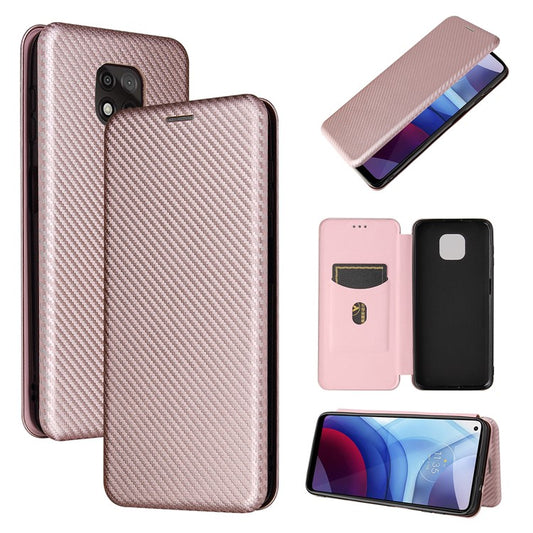 Auto-absorbed Stand Carbon Fiber Texture Leather Shell Cover for Motorola Moto G Power (2021) - Rose Gold