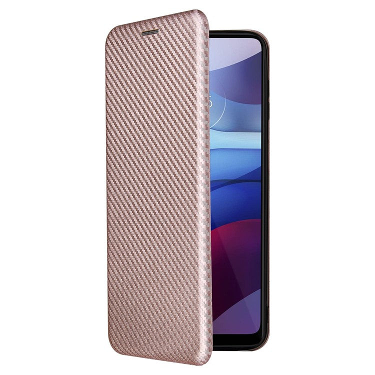Auto-absorbed Stand Carbon Fiber Texture Leather Shell Cover for Motorola Moto G Power (2021) - Rose Gold