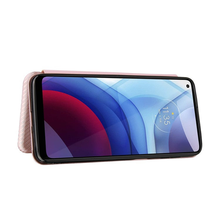 Auto-absorbed Stand Carbon Fiber Texture Leather Shell Cover for Motorola Moto G Power (2021) - Rose Gold