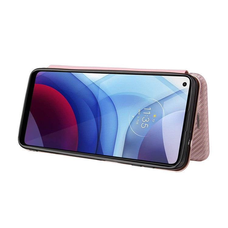 Auto-absorbed Stand Carbon Fiber Texture Leather Shell Cover for Motorola Moto G Power (2021) - Rose Gold