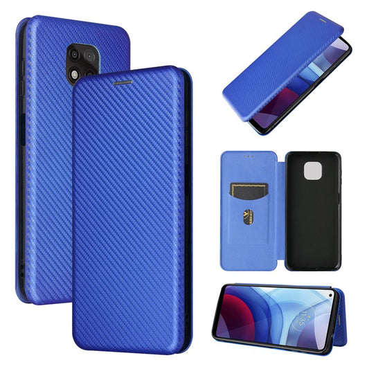 Auto-absorbed Stand Carbon Fiber Texture Leather Shell Cover for Motorola Moto G Power (2021) - Blue