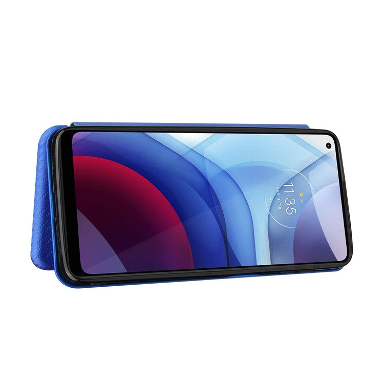 Auto-absorbed Stand Carbon Fiber Texture Leather Shell Cover for Motorola Moto G Power (2021) - Blue