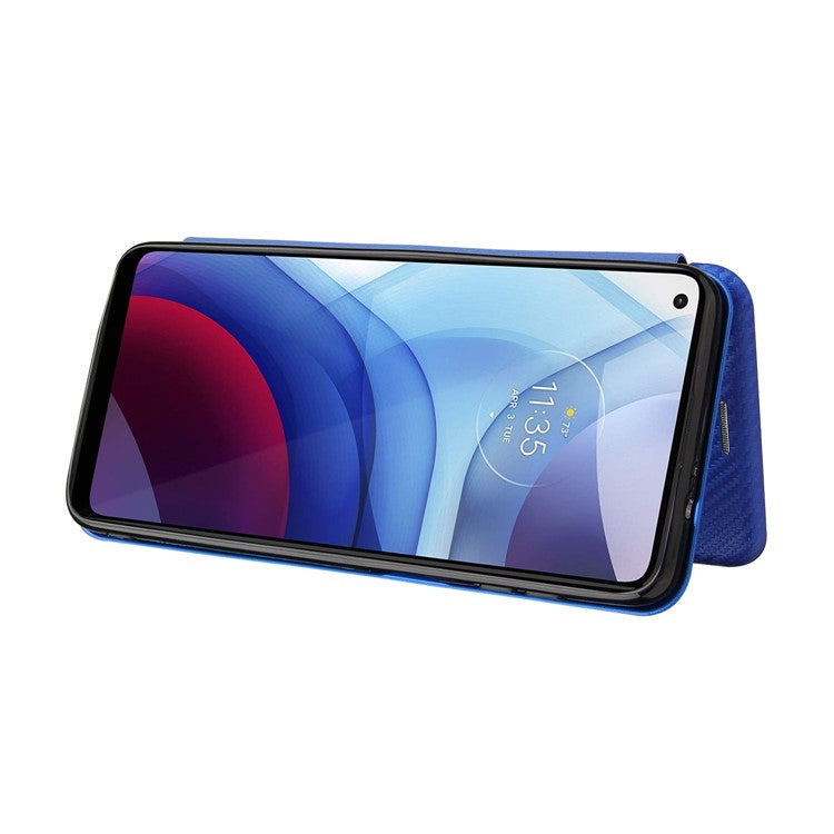 Auto-absorbed Stand Carbon Fiber Texture Leather Shell Cover for Motorola Moto G Power (2021) - Blue