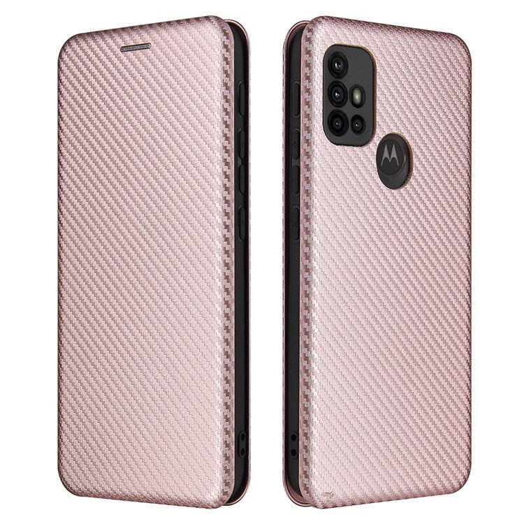 Auto-absorbed Stand Carbon Fiber Texture Leather Shell Cover for Motorola Moto G30/G20/G10 - Rose Gold