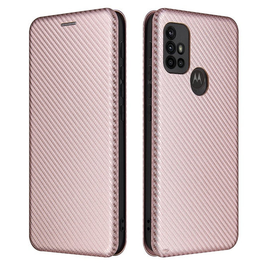 Auto-absorbed Stand Carbon Fiber Texture Leather Shell Cover for Motorola Moto G30/G20/G10 - Rose Gold