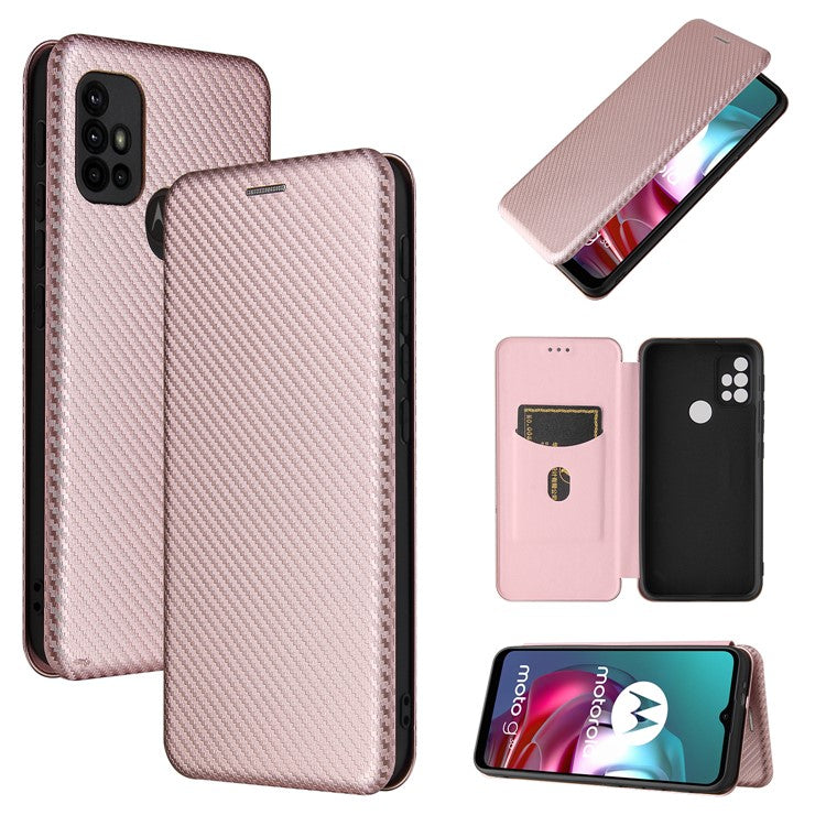 Auto-absorbed Stand Carbon Fiber Texture Leather Shell Cover for Motorola Moto G30/G20/G10 - Rose Gold
