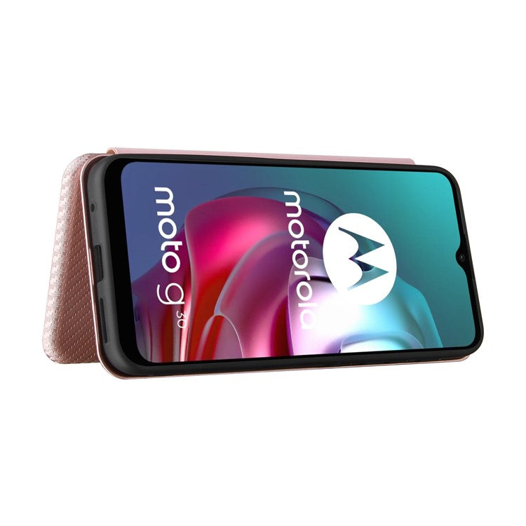 Auto-absorbed Stand Carbon Fiber Texture Leather Shell Cover for Motorola Moto G30/G20/G10 - Rose Gold