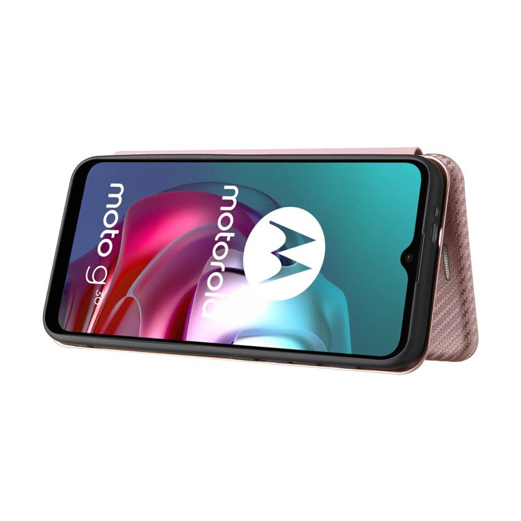 Auto-absorbed Stand Carbon Fiber Texture Leather Shell Cover for Motorola Moto G30/G20/G10 - Rose Gold