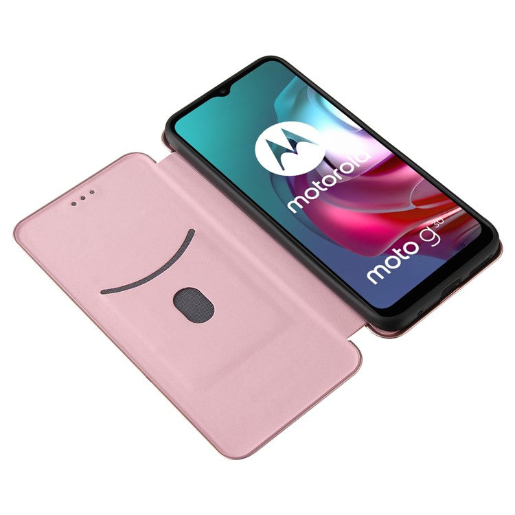 Auto-absorbed Stand Carbon Fiber Texture Leather Shell Cover for Motorola Moto G30/G20/G10 - Rose Gold