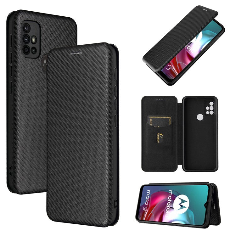 Auto-absorbed Stand Carbon Fiber Texture Leather Shell Cover for Motorola Moto G30/G20/G10 - Black