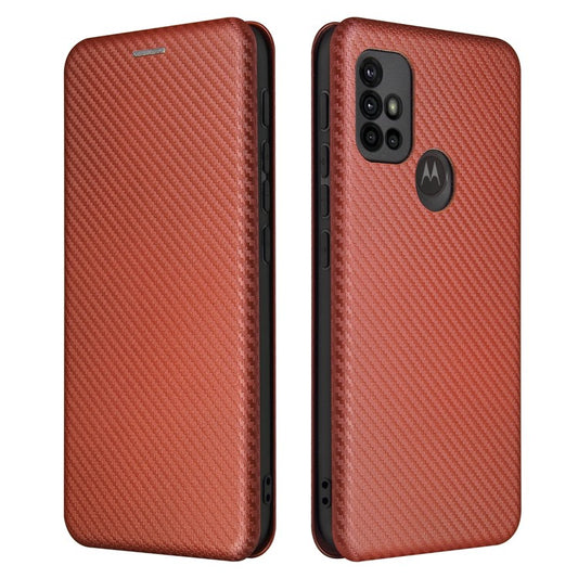 Auto-absorbed Stand Carbon Fiber Texture Leather Shell Cover for Motorola Moto G30/G20/G10 - Orange