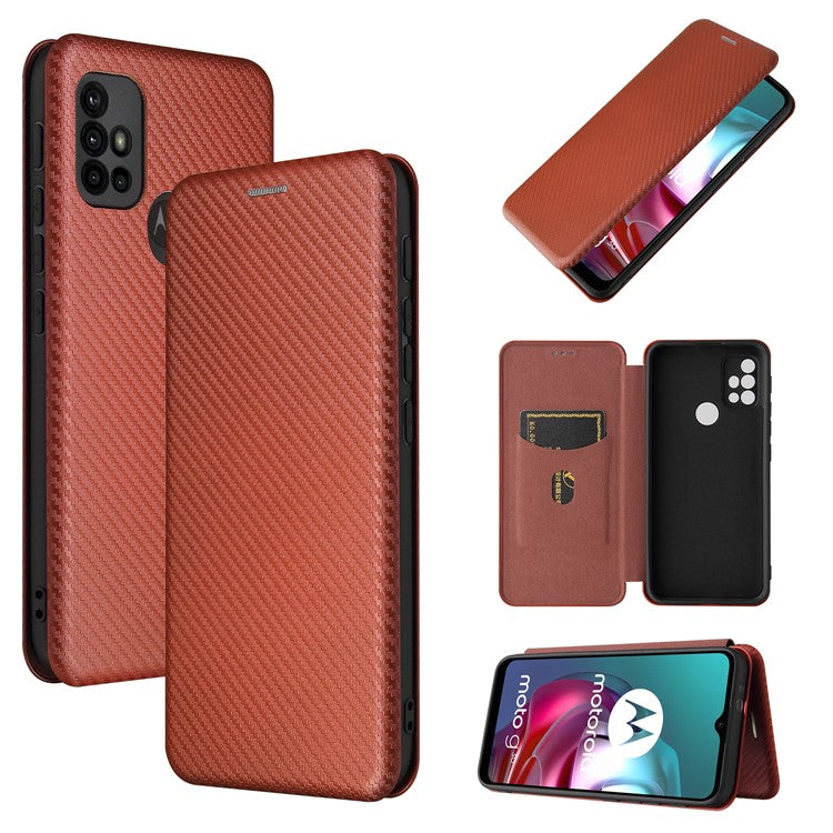 Auto-absorbed Stand Carbon Fiber Texture Leather Shell Cover for Motorola Moto G30/G20/G10 - Orange