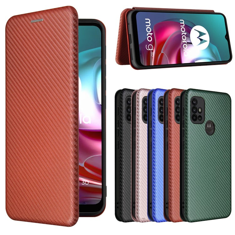 Auto-absorbed Stand Carbon Fiber Texture Leather Shell Cover for Motorola Moto G30/G20/G10 - Orange