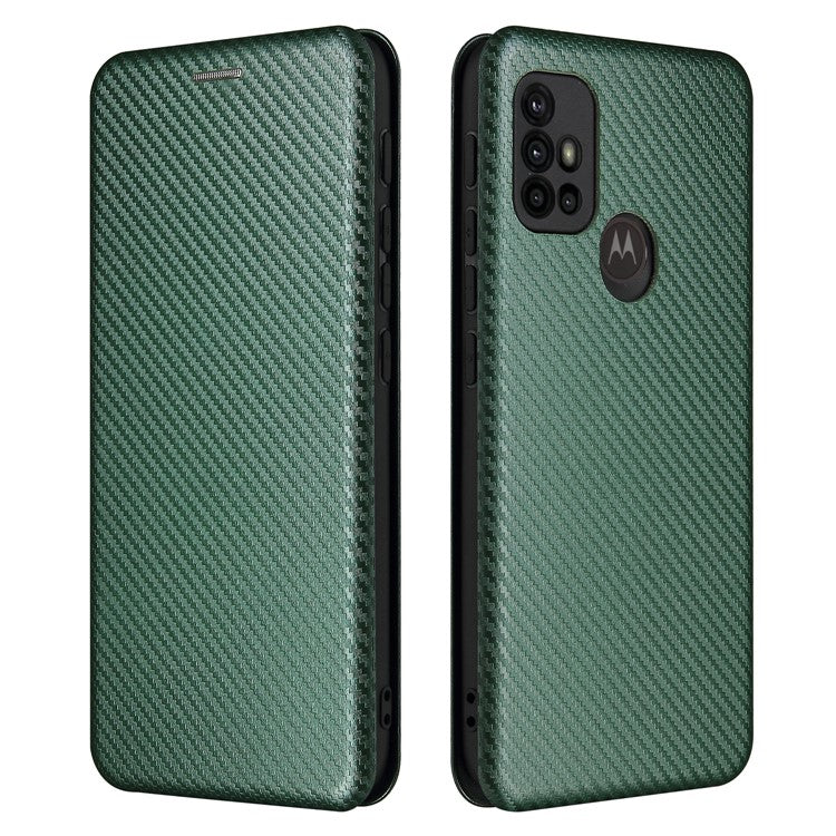 Auto-absorbed Stand Carbon Fiber Texture Leather Shell Cover for Motorola Moto G30/G20/G10 - Green