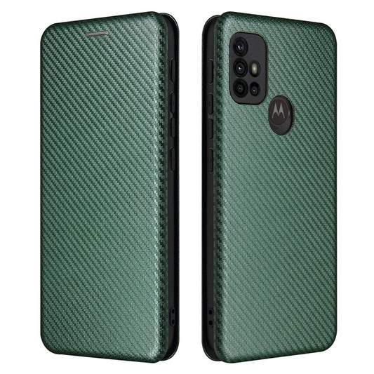 Auto-absorbed Stand Carbon Fiber Texture Leather Shell Cover for Motorola Moto G30/G20/G10 - Green