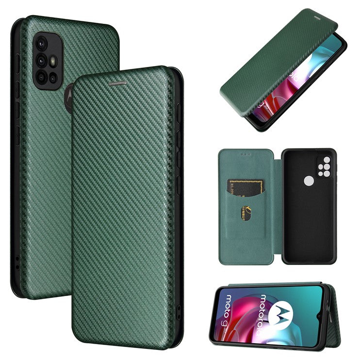 Auto-absorbed Stand Carbon Fiber Texture Leather Shell Cover for Motorola Moto G30/G20/G10 - Green