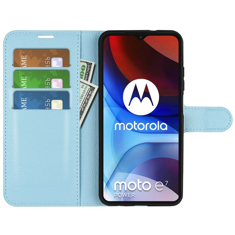 Wallet Design Litchi Texture PU Leather Stand Cover Shell for Motorola Moto E7 Power / Moto E7i Power - Blue