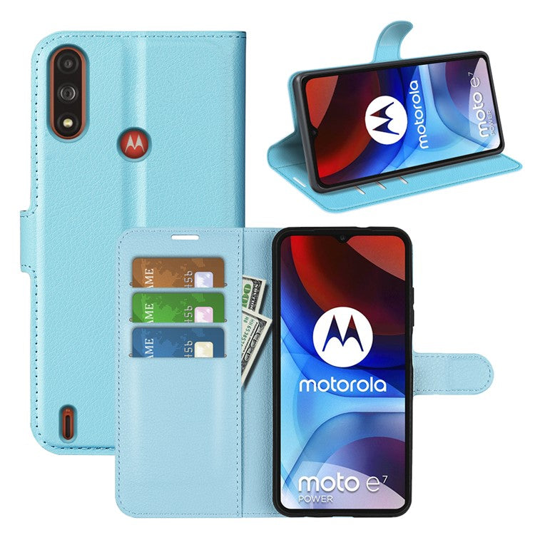 Wallet Design Litchi Texture PU Leather Stand Cover Shell for Motorola Moto E7 Power / Moto E7i Power - Blue