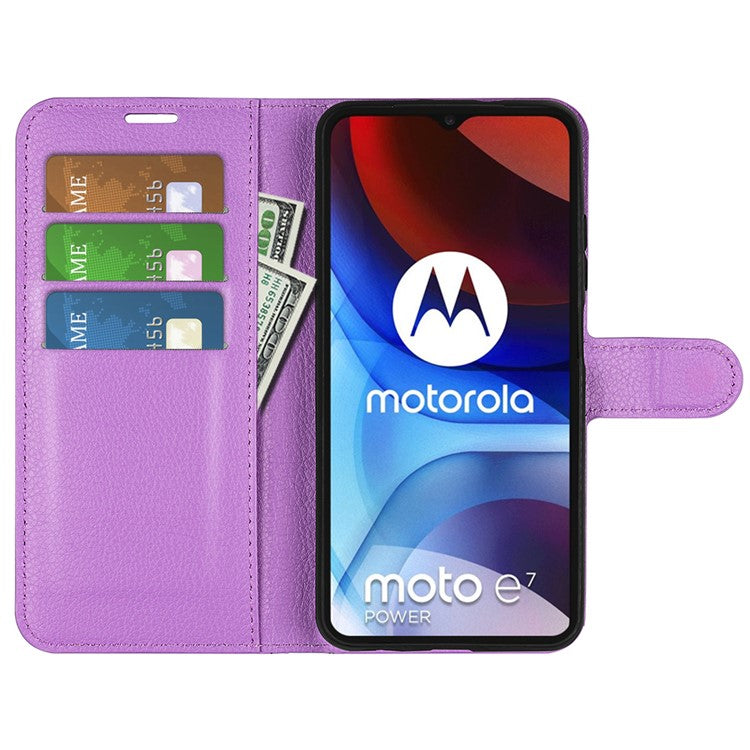 Wallet Design Litchi Texture PU Leather Stand Cover Shell for Motorola Moto E7 Power / Moto E7i Power - Purple