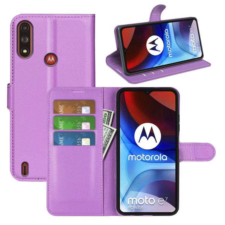 Wallet Design Litchi Texture PU Leather Stand Cover Shell for Motorola Moto E7 Power / Moto E7i Power - Purple