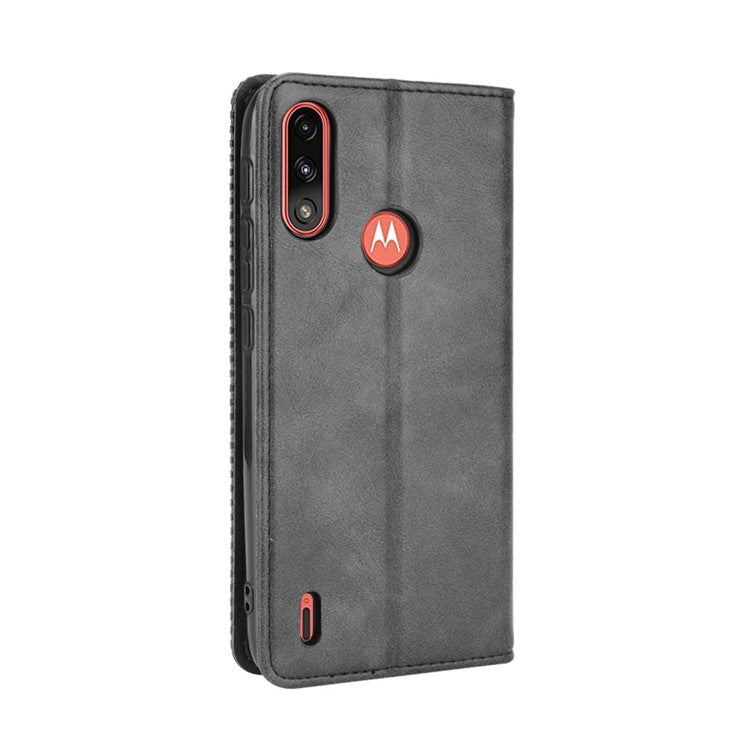 Wallet Stand Design Magnetic Vintage Style Phone Case Cover for Motorola Moto E7 Power/Moto E7i Power - Black