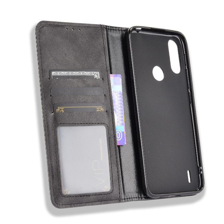 Wallet Stand Design Magnetic Vintage Style Phone Case Cover for Motorola Moto E7 Power/Moto E7i Power - Black