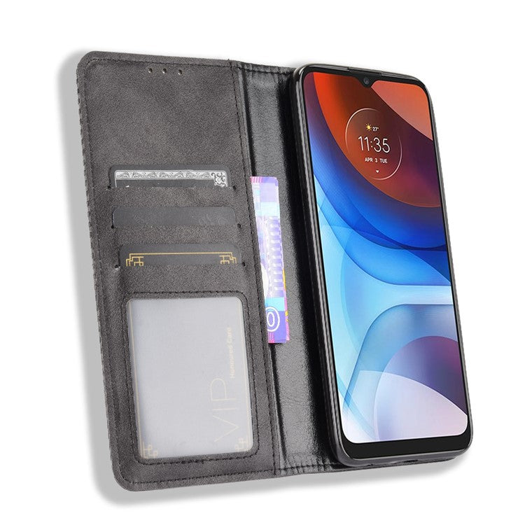 Wallet Stand Design Magnetic Vintage Style Phone Case Cover for Motorola Moto E7 Power/Moto E7i Power - Black