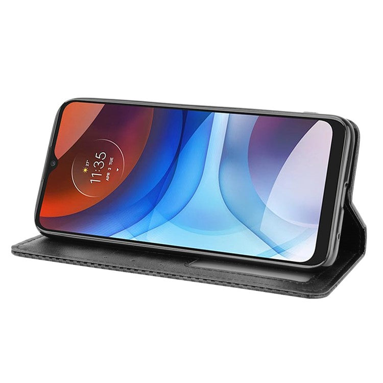 Wallet Stand Design Magnetic Vintage Style Phone Case Cover for Motorola Moto E7 Power/Moto E7i Power - Black