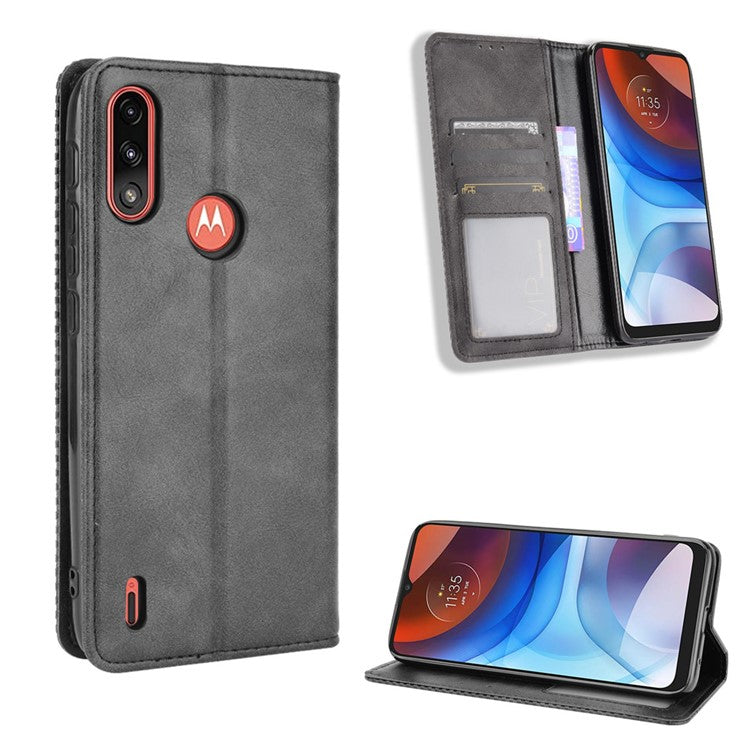 Wallet Stand Design Magnetic Vintage Style Phone Case Cover for Motorola Moto E7 Power/Moto E7i Power - Black