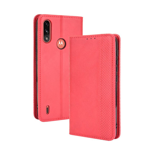 Wallet Stand Design Magnetic Vintage Style Phone Case Cover for Motorola Moto E7 Power/Moto E7i Power - Red