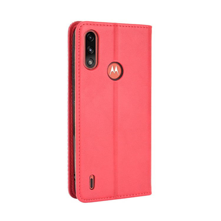 Wallet Stand Design Magnetic Vintage Style Phone Case Cover for Motorola Moto E7 Power/Moto E7i Power - Red