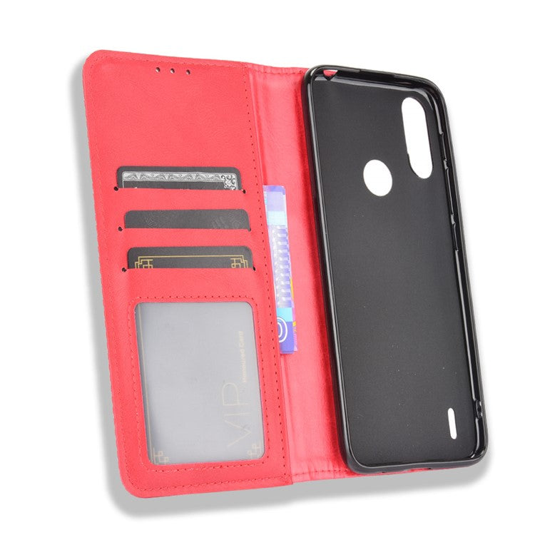 Wallet Stand Design Magnetic Vintage Style Phone Case Cover for Motorola Moto E7 Power/Moto E7i Power - Red