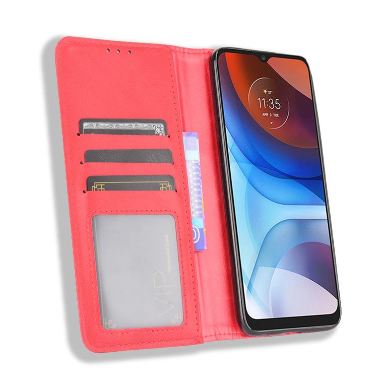 Wallet Stand Design Magnetic Vintage Style Phone Case Cover for Motorola Moto E7 Power/Moto E7i Power - Red