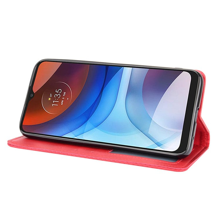 Wallet Stand Design Magnetic Vintage Style Phone Case Cover for Motorola Moto E7 Power/Moto E7i Power - Red