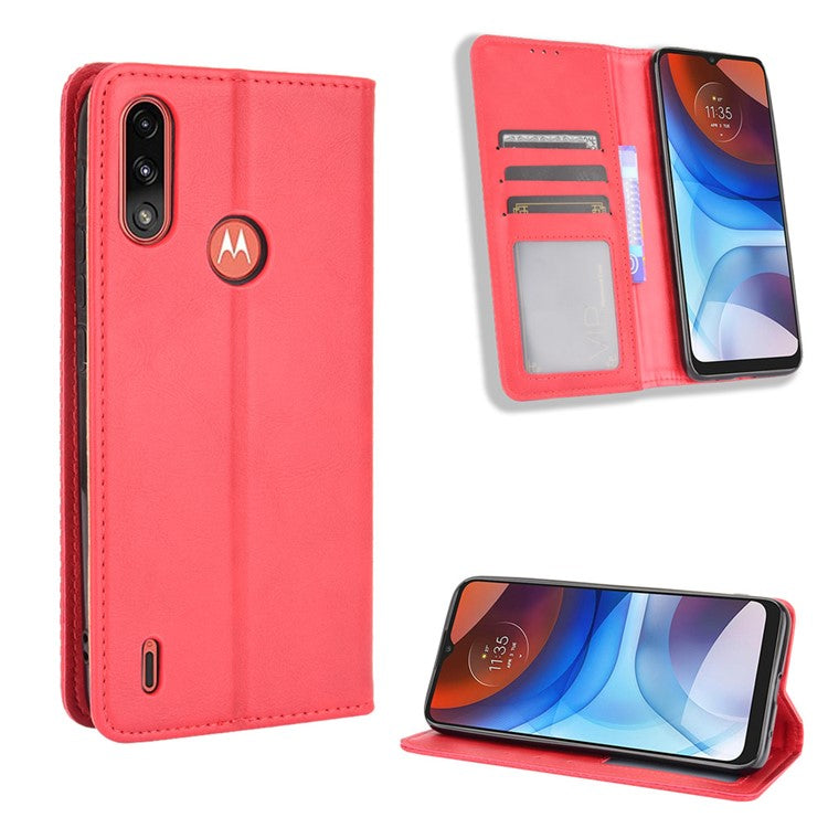 Wallet Stand Design Magnetic Vintage Style Phone Case Cover for Motorola Moto E7 Power/Moto E7i Power - Red