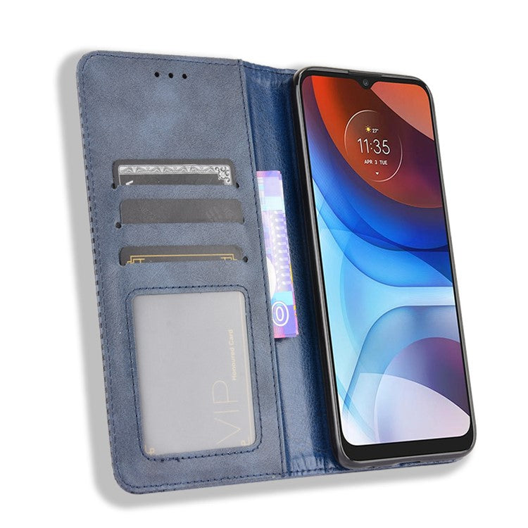 Wallet Stand Design Magnetic Vintage Style Phone Case Cover for Motorola Moto E7 Power/Moto E7i Power - Blue