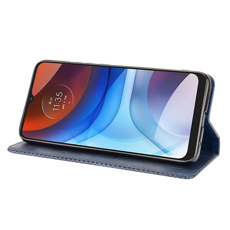 Wallet Stand Design Magnetic Vintage Style Phone Case Cover for Motorola Moto E7 Power/Moto E7i Power - Blue