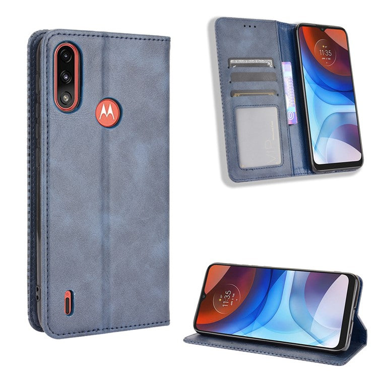 Wallet Stand Design Magnetic Vintage Style Phone Case Cover for Motorola Moto E7 Power/Moto E7i Power - Blue
