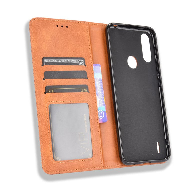 Wallet Stand Design Magnetic Vintage Style Phone Case Cover for Motorola Moto E7 Power/Moto E7i Power - Brown