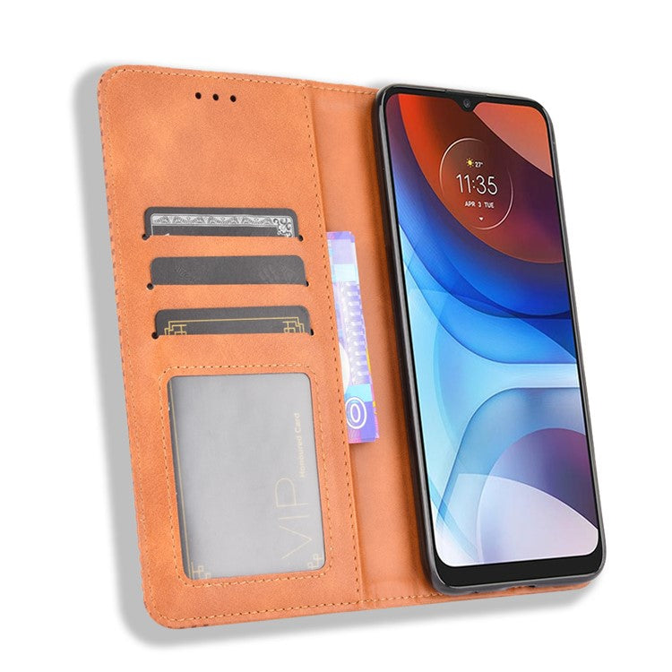 Wallet Stand Design Magnetic Vintage Style Phone Case Cover for Motorola Moto E7 Power/Moto E7i Power - Brown
