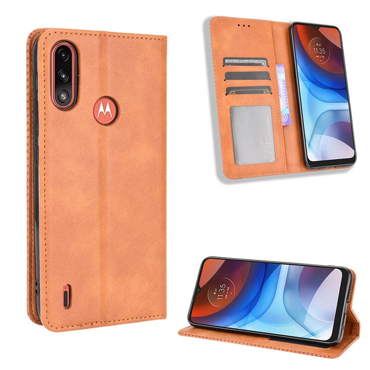 Wallet Stand Design Magnetic Vintage Style Phone Case Cover for Motorola Moto E7 Power/Moto E7i Power - Brown