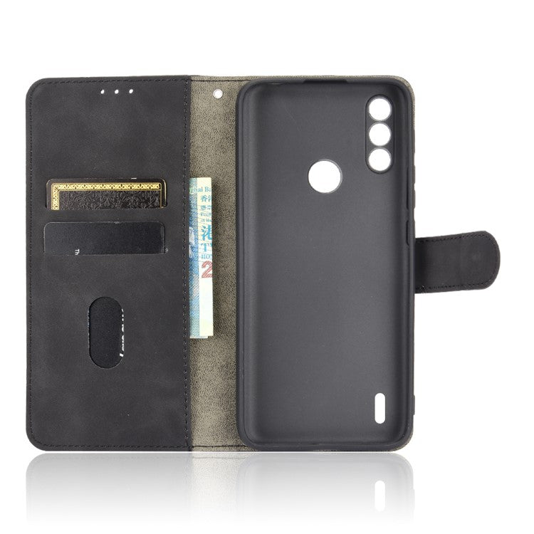 Skin-touch Folio Flip Leather Protective Shell for Motorola Moto E7 Power/Moto E7i Power 2021 Wallet Stand Cover - Black