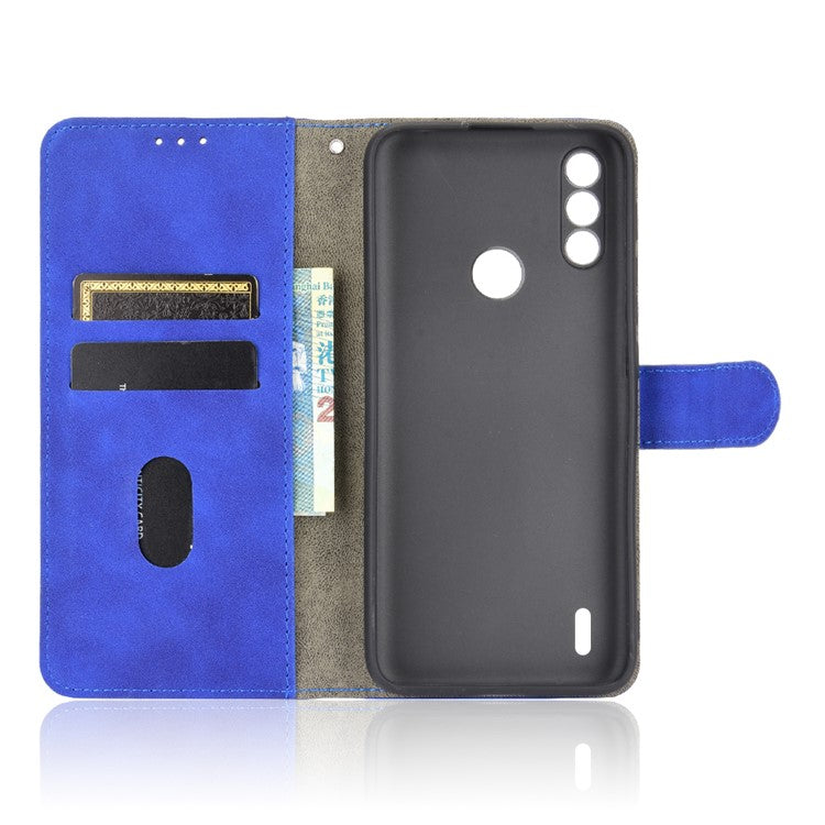 Skin-touch Folio Flip Leather Protective Shell for Motorola Moto E7 Power/Moto E7i Power 2021 Wallet Stand Cover - Blue