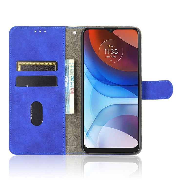 Skin-touch Folio Flip Leather Protective Shell for Motorola Moto E7 Power/Moto E7i Power 2021 Wallet Stand Cover - Blue