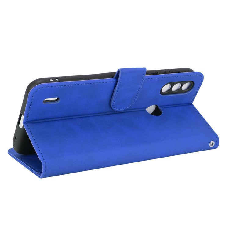 Skin-touch Folio Flip Leather Protective Shell for Motorola Moto E7 Power/Moto E7i Power 2021 Wallet Stand Cover - Blue